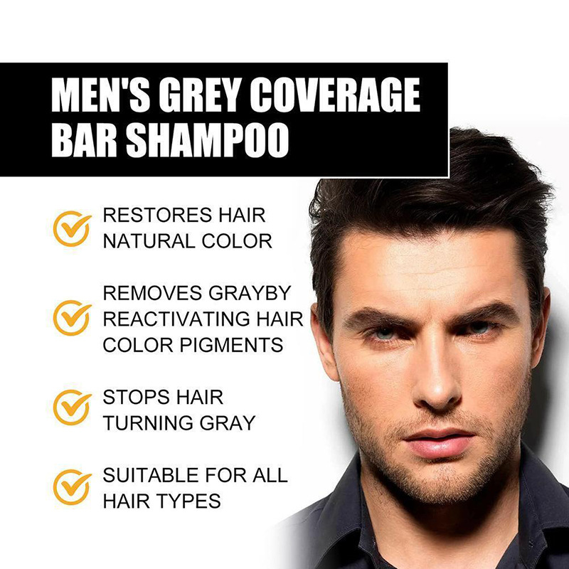 Men’s grey coverage bar shampoo for dark hair 50g in a sleek solid grey design for restoring natural hair color and removing gray.