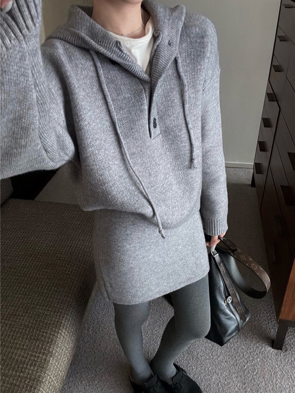 慵懒软糯简约连帽毛衣高腰显瘦半身裙两件套女2025秋冬穿搭一整套|undefined