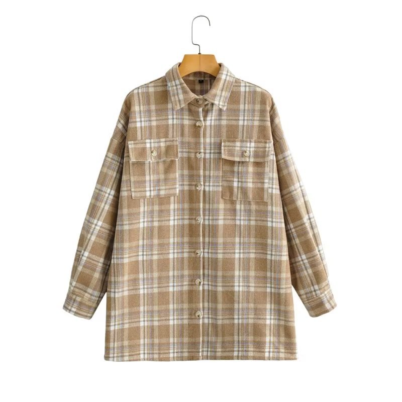 lapel single-breasted check pattern loose shirt jacket NSAM139071