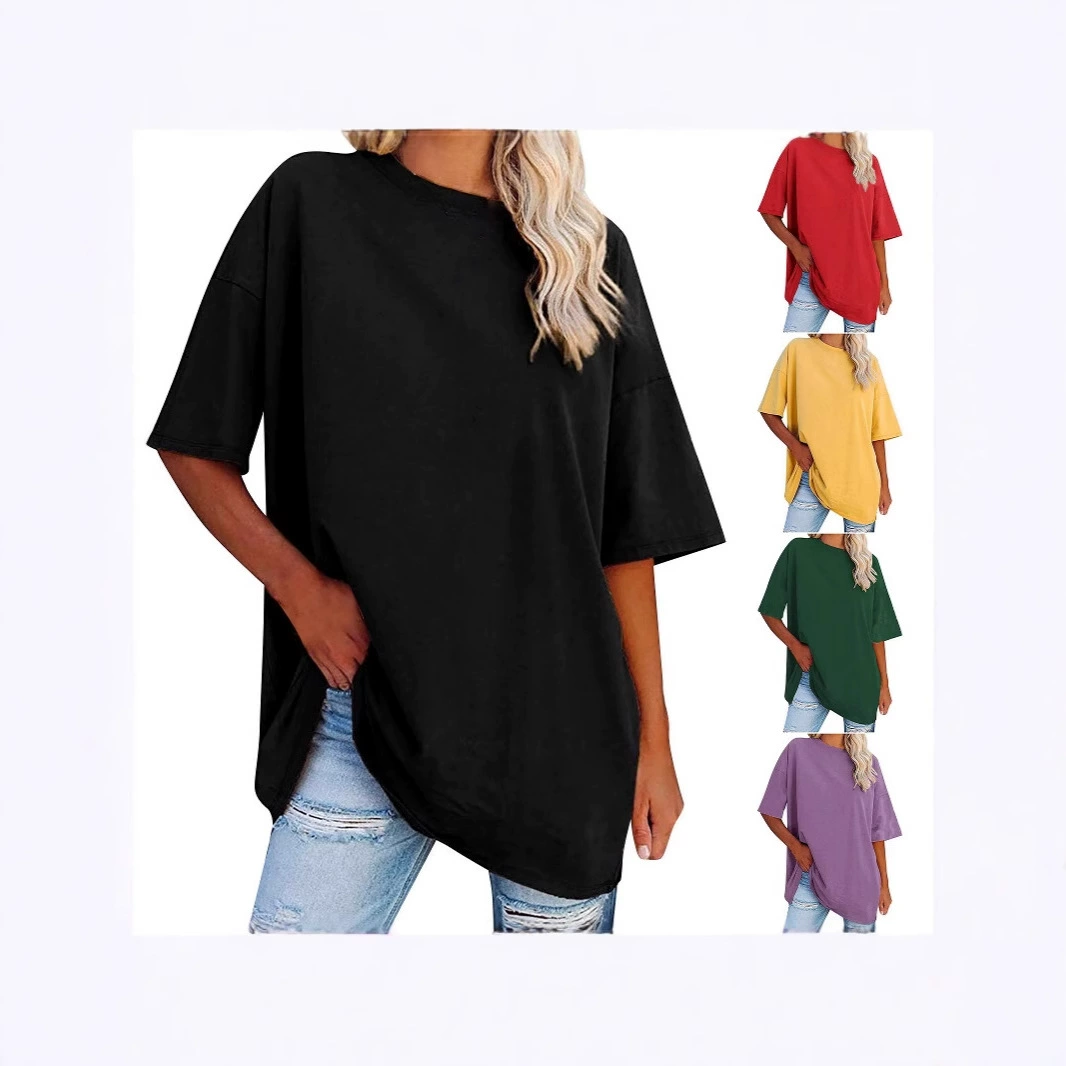 Европейская и американская трансграничная женская футболка Amazon экспортирует новые цвета, свободные топы с короткими рукавами и круглым вырезом на плечах