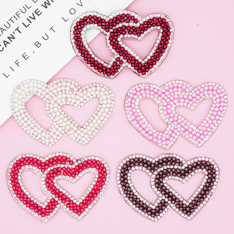 新款爱心烫钻图彩色珍珠烫钻烫图双心水钻贴diy箱包鞋帽装饰配件