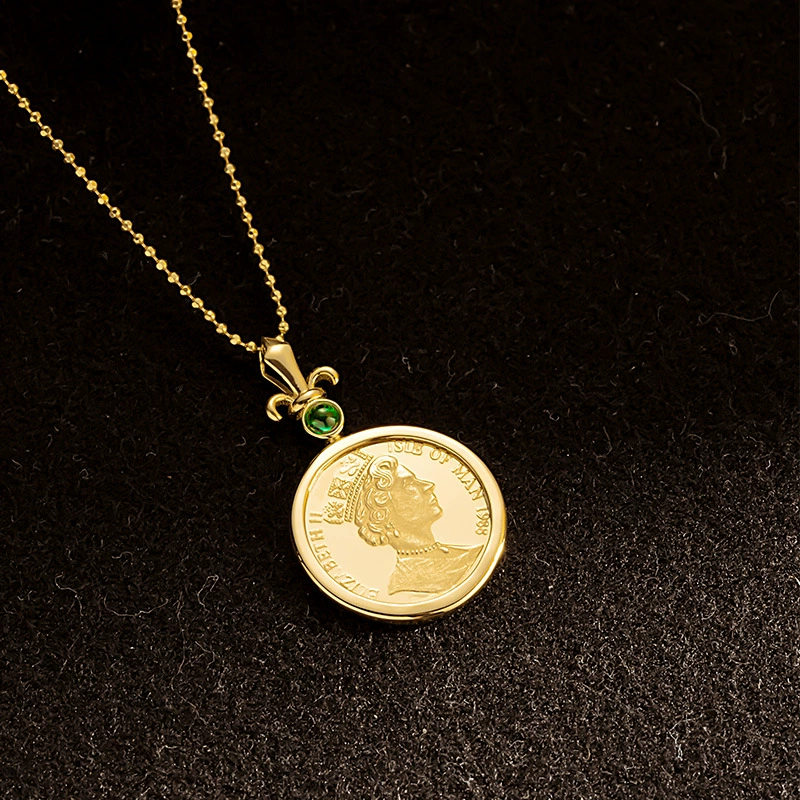 Чистое золото 14K Женская мода король золото кулон зеленый кристалл Корона ожерелье кулон женские золотые украшения 12265