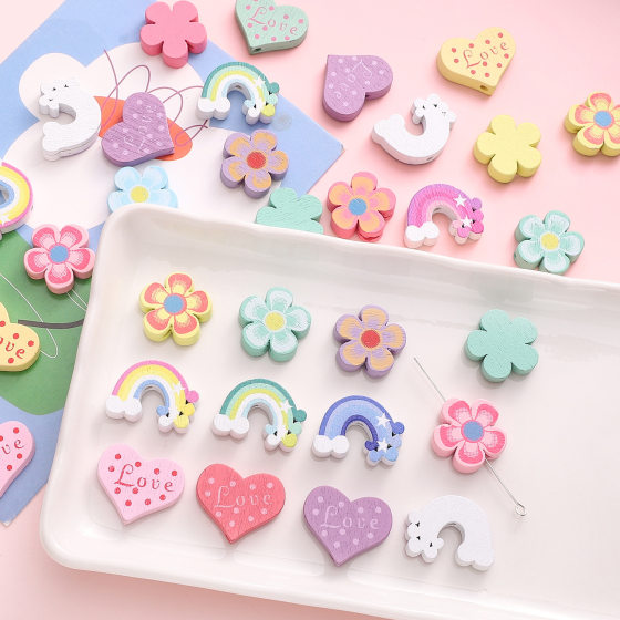 Cartoon Color Flower Love Rainbow Wooden Beads Handmade DIY Jewelry Accessories Mobile Phone Chain Hanging Material