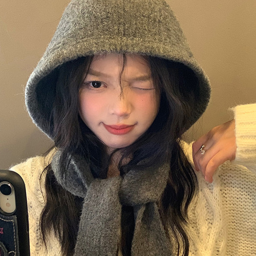 Knitted warm pull-over beanie women's one-piece neck scarf new yarn hat girl ear protection winter large hat