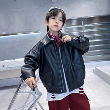 男童春秋装翻领纯色皮衣外套大童2025新款儿童软pu皮夹克上衣批发