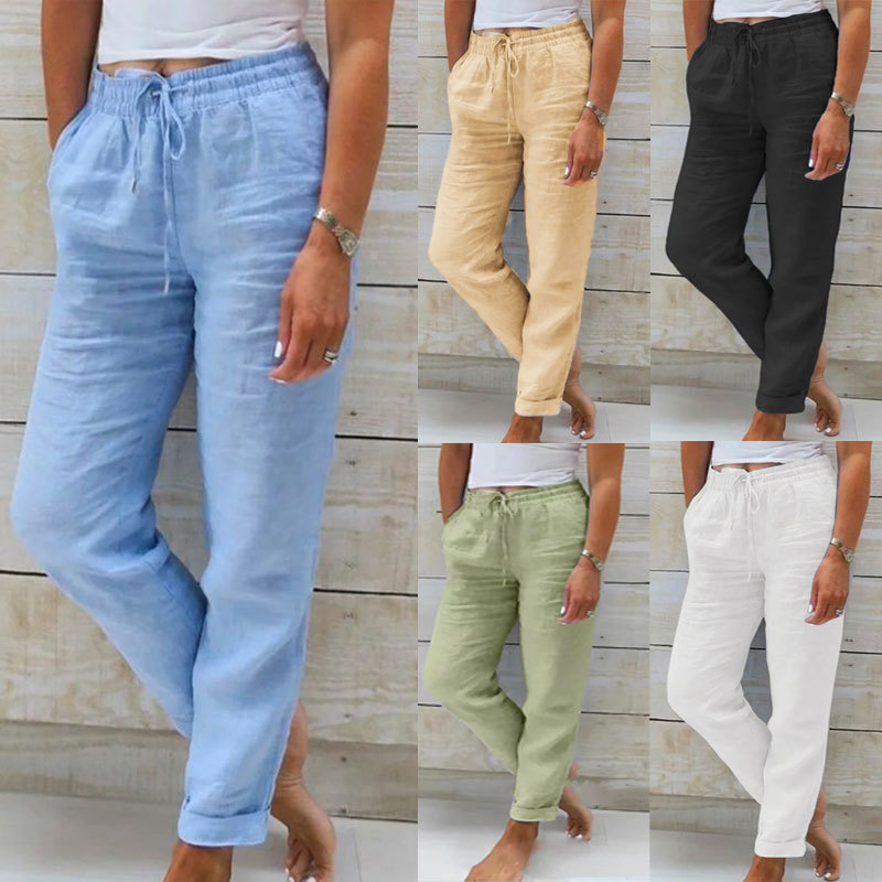 European and American Cross-Border Foreign Trade Amazon Wish Women's High-Waisted Elastic Waist Solid Color Cotton-Linen Casual Pants Versatile Long Pants for Women