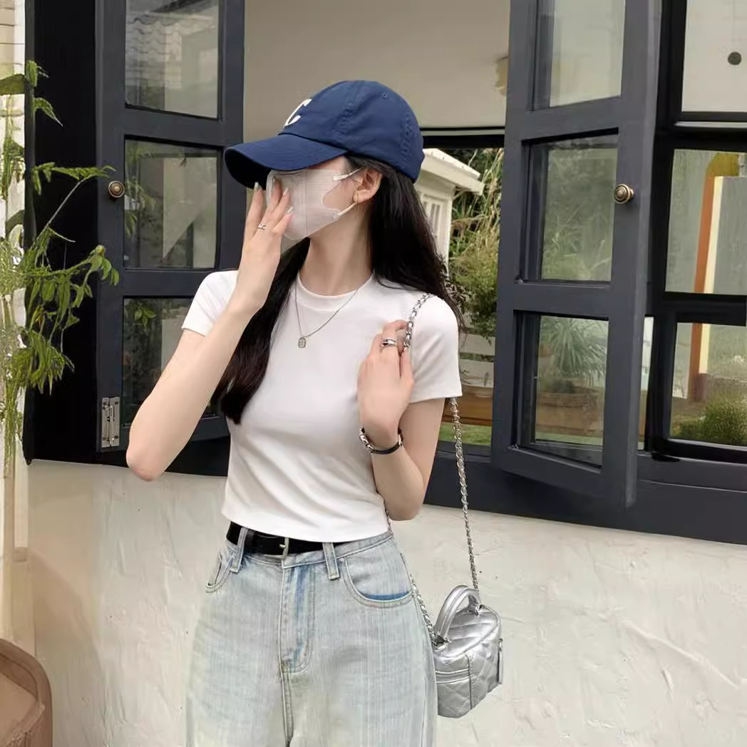 小个子红色t恤女短袖短款紧身辣妹上衣夏季新款纯色修身正肩体恤