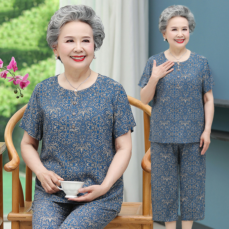 Summer Dress for the Elderly Grandma's Casual Cotton Silk Two-piece Set 70-year-old 80-year-old Mother's Short-sleeved T-shirt suit