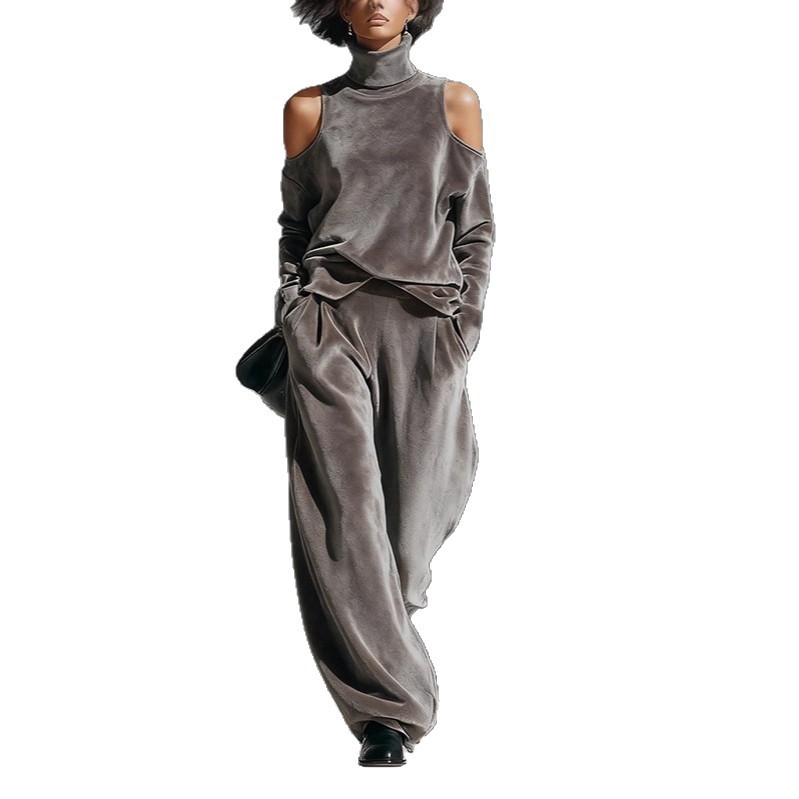 Autumn/Winter Women's Casual Sportswear Set Korean Long Sleeved Solid Color High Neck Zipper Wide Leg Pants_ecoleips.com