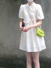 新中式泡泡袖連衣裙女夏季小個子甜美寬松顯瘦娃娃裙國風a字短裙