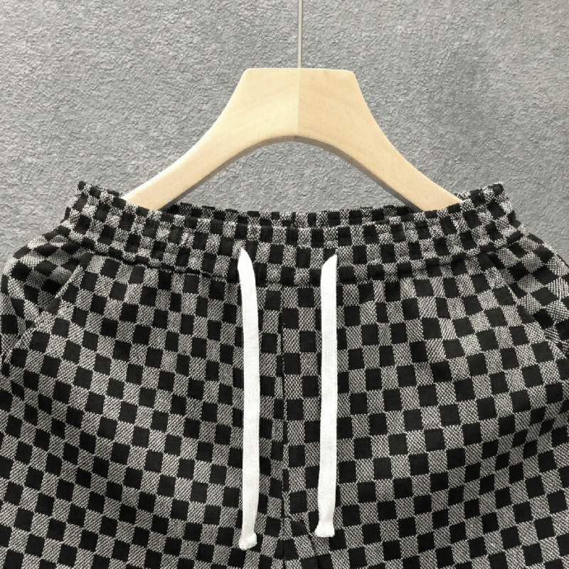 Men's Summer Casual Houndstooth Print Shorts, Loose Fit Straight Leg 5-Inch Inseam High Street Retro Style Shorts For Daily Streetwear_viptrois.com