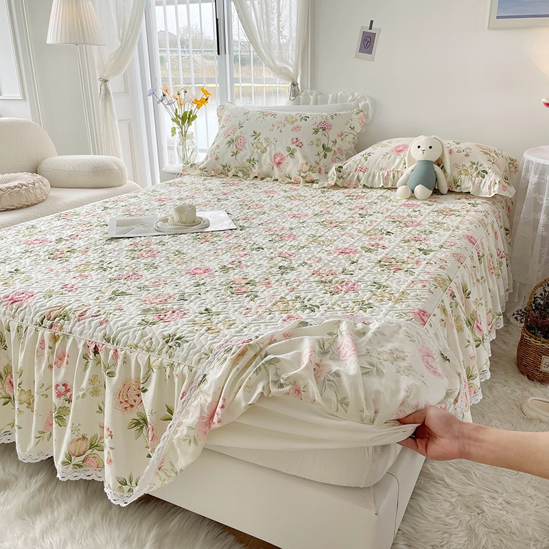 Pure Cotton Fitted Bed Skirt with Cotton Padding, Pure Cotton Lace, Fresh Floral Print Bed Sheet, Single/Double Size, Nantong Mattress