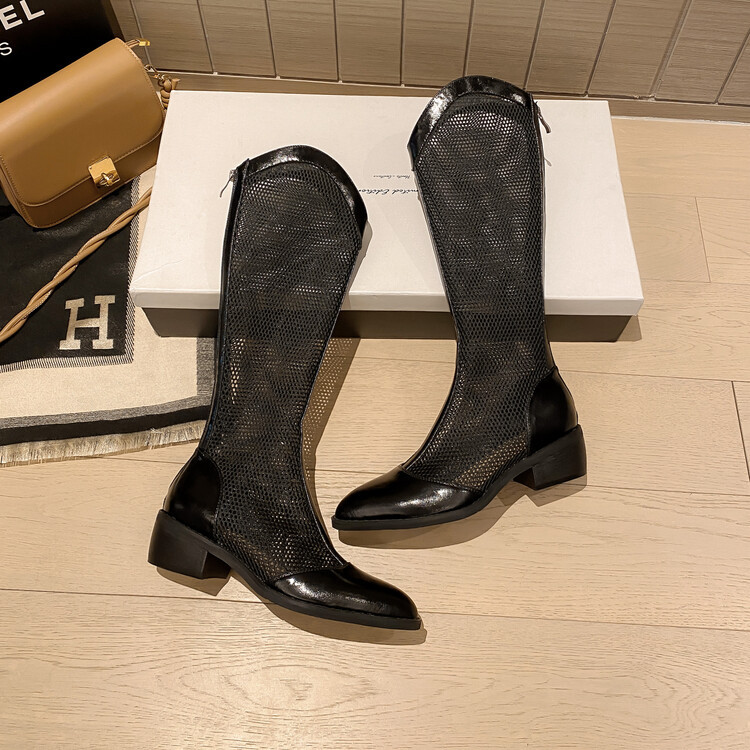Boot nữ cổ cao da thật đế thô gót vuông ống lưới rỗng dây kéo sau — Màu nâu ống lớn, Ống nhỏ màu đen, Ống nhỏ màu nâu, Ống nhỏ màu trắng Be chi tiết 17