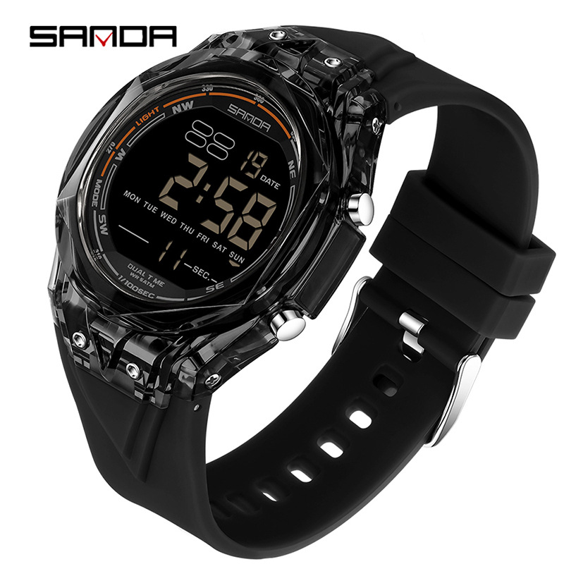 Reloj electrónico SANDA esfera transparente nocturna impermeable reloj multifuncional segmentación reloj de pulsera