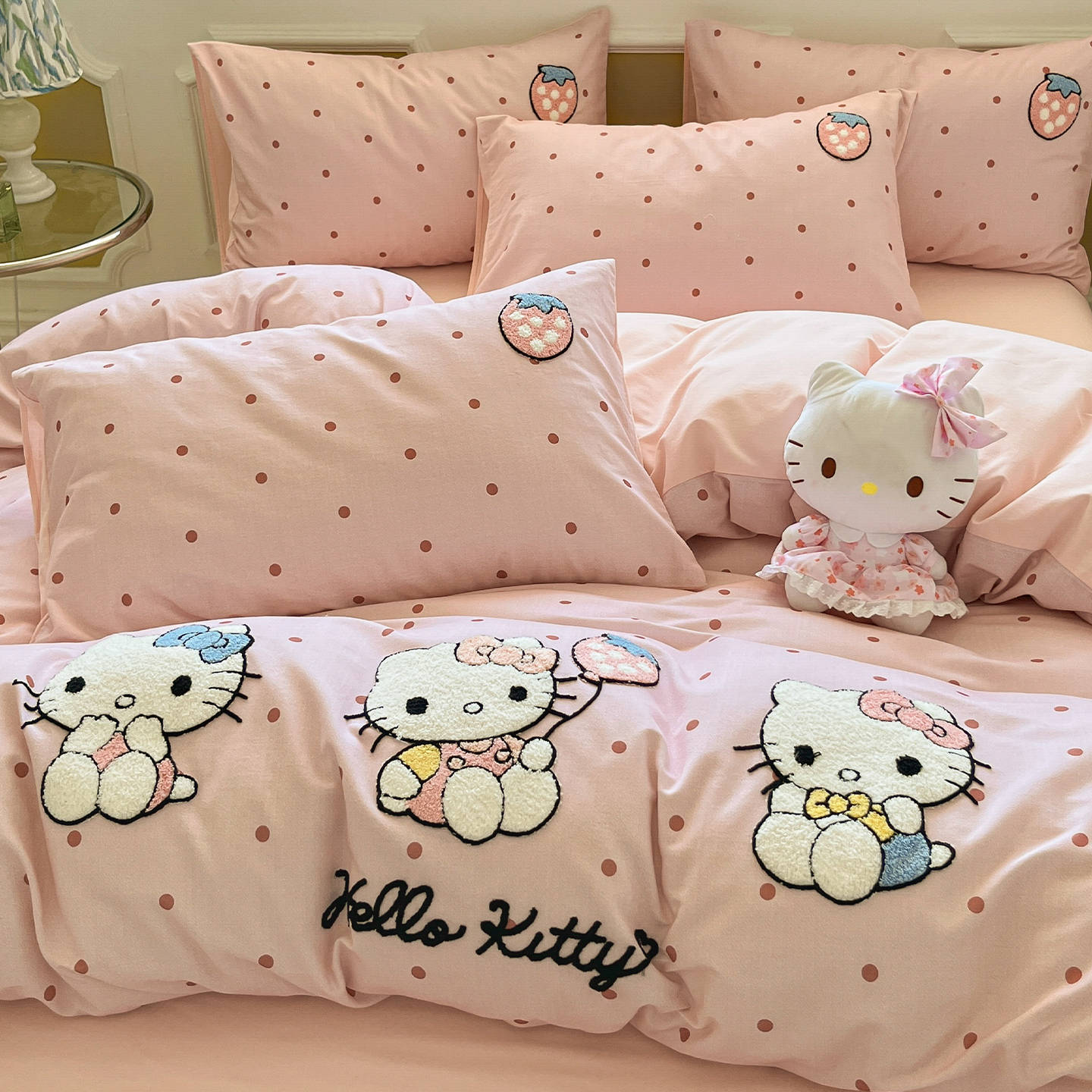 Hellokitty Pure Cotton Brushed Towel Embroidered Bed Four-Piece Set Pure Cotton Quilt Cover Girls Dormitory Bed Bed Sheets Three-Piece Set