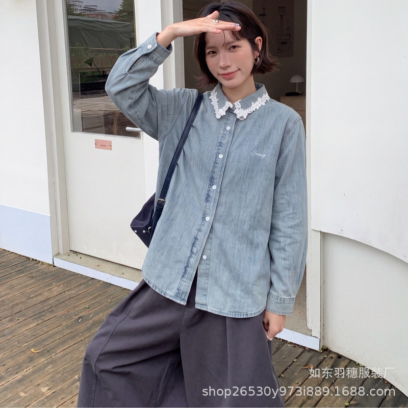 Washed light blue lace-trimmed collared denim shirt for women, autumn style, Korean style, loose, casual, versatile top OT84 Washed light blue lace-trimmed collared denim shirt for women, autumn style, Korean style, loose, casual, versatile top OT84