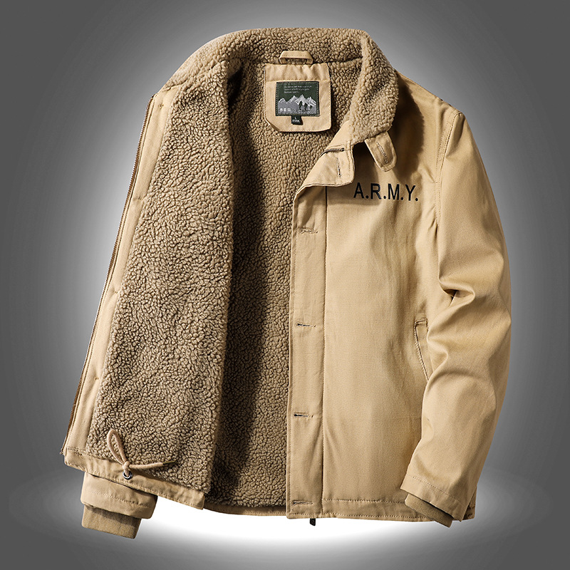 Men's Workwear Jacket – Heavyweight Cotton With Fleece Lining, Military-Style Winter Coat(M-5XL, Khaki/Green/Navy, Button-Up Collar)_voghion.com