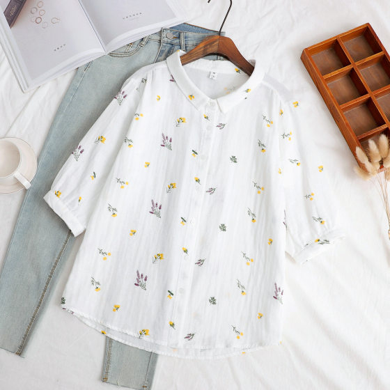 Double-layer cotton yarn half-sleeve shirt women's summer export single soft skin-friendly cotton shirt baby cotton sleeve top