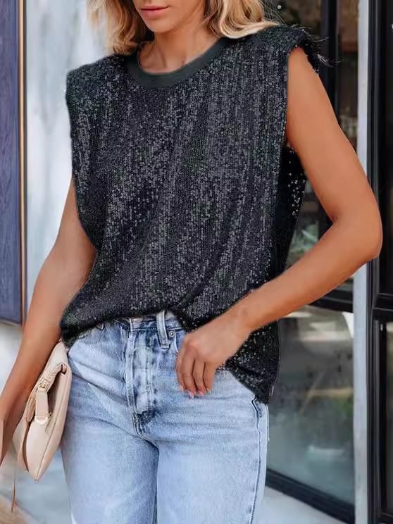 2025 Europa y los Estados Unidos nuevo Amazon Europa y los Estados Unidos nuevo colgar sequinilla suelta cuello en V sin mangas sequinilla casual profunda V-holling