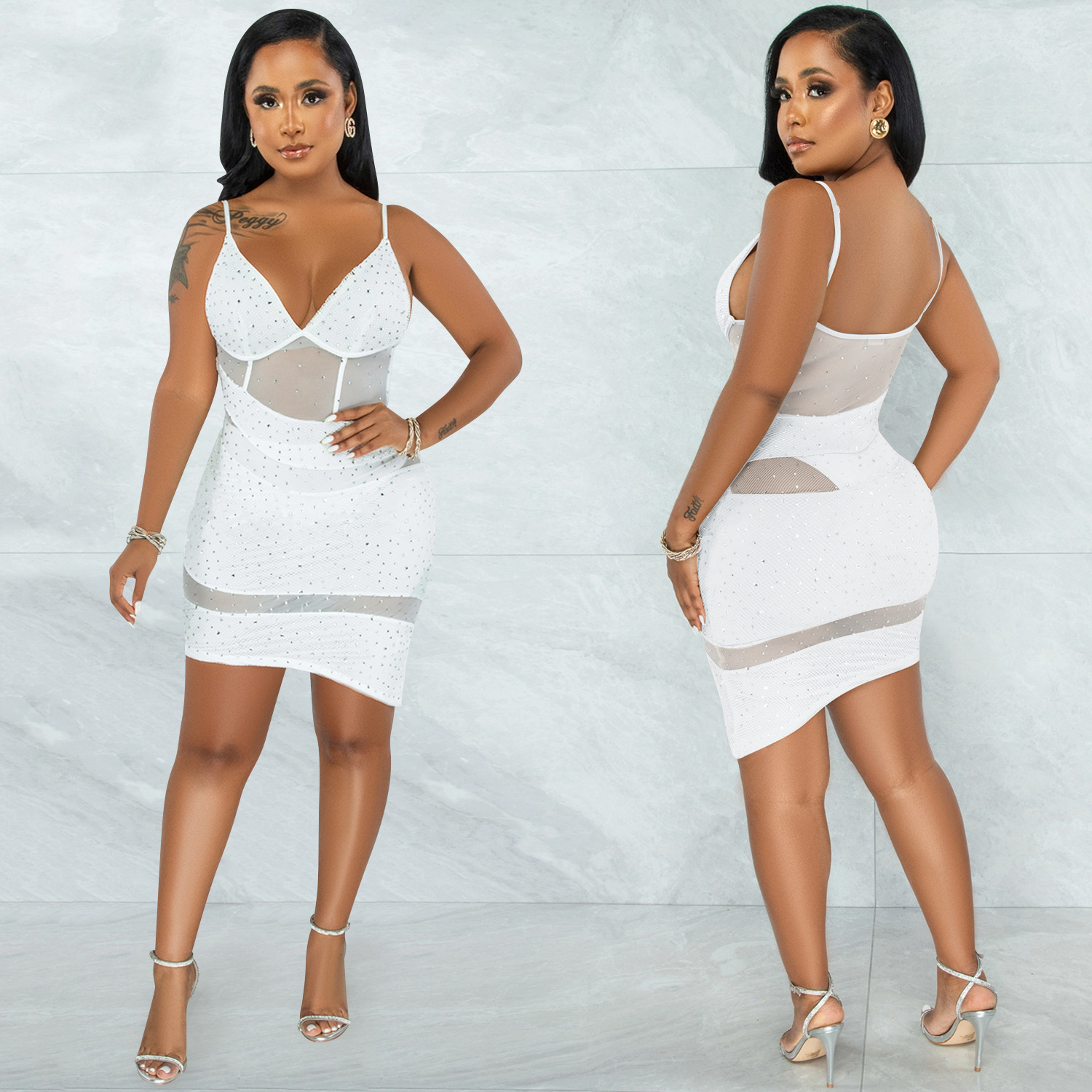 X5575 transfronterizo europeo y americano moda ropa de mujer sexy con cuello en V malla perspectiva discoteca caliente rhinestone Sling vestido irregular