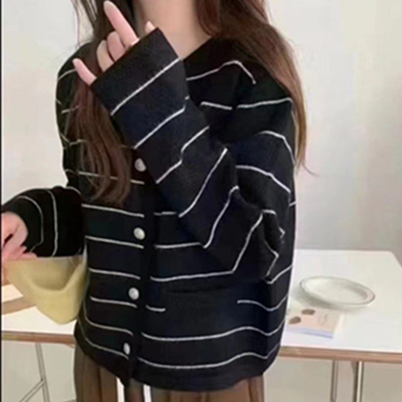 秋季女装针织外套开衫条纹宽松毛衣新款2025爆款秋冬条纹上衣春|undefined
