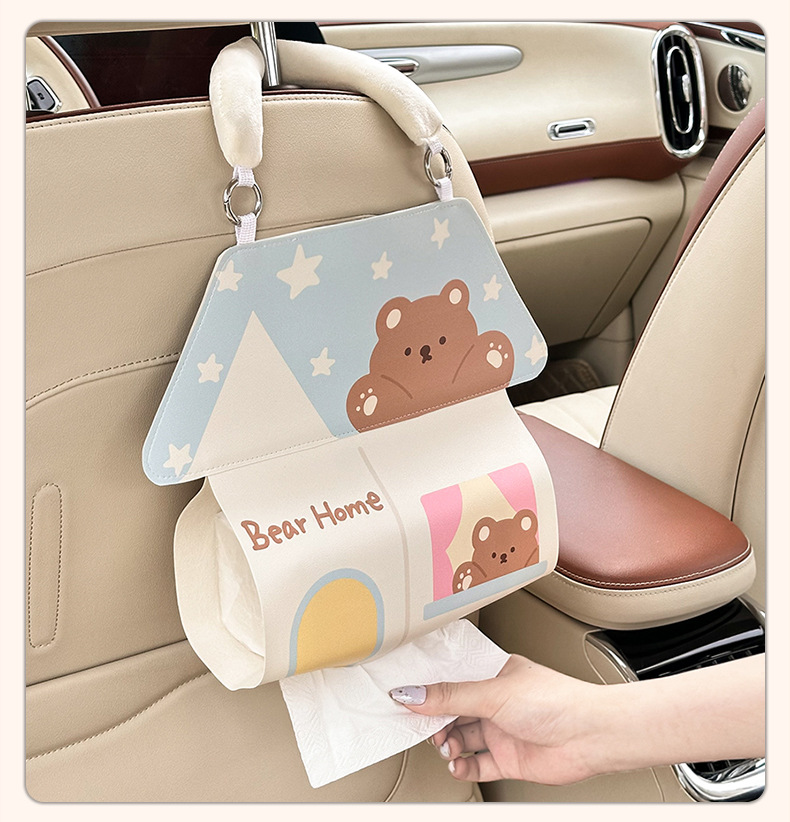 Creative Leather Car Tissue Box, Cute Cartoon Cat Car Tissue Hanging Bag, High-End Car Tissue Box