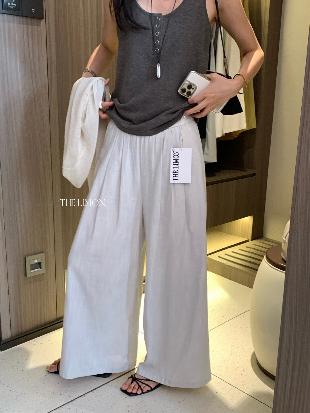 Quần ống rộng nữ vải linen phối cotton dáng suông mùa hè — Xám gạo, Xanh xám nhạt, Xanh đen, Cam bí ngô chi tiết 8