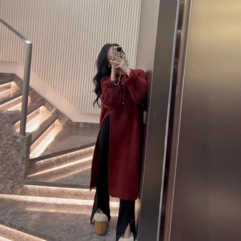 慵懒风法式毛衣裙女2025秋冬季新款套头开叉过膝中长款针织连衣裙|undefined
