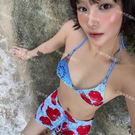 新款小众y2k欧美分体泳装性感三角包水果印花度假沙滩比基尼泳衣