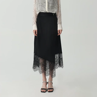 跨境高级质感桑蚕丝半身裙女黑色蕾丝拼接真丝中长裙质感半裙