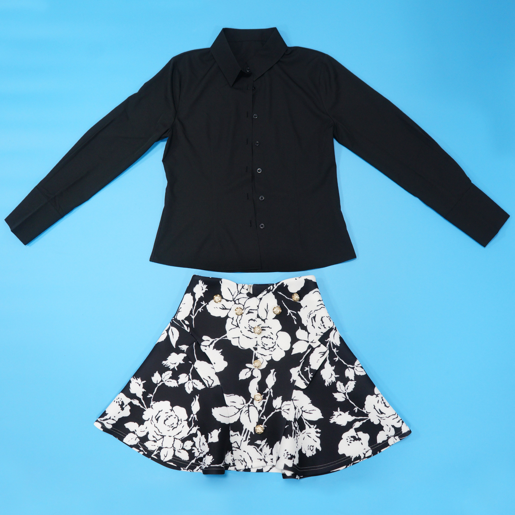 Women's Fashion Long Sleeved Collared Printed Skirt Set Waist Cinching Short_ecoleips.com