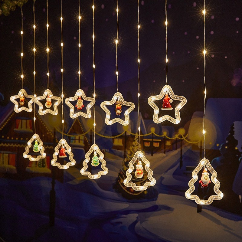 Decoración de ventanas de Navidad lámpara de colgante Santa Claus árbol de Navidad anillo de luz de modelado LED cadena de lámpara de cortina de dormitorio