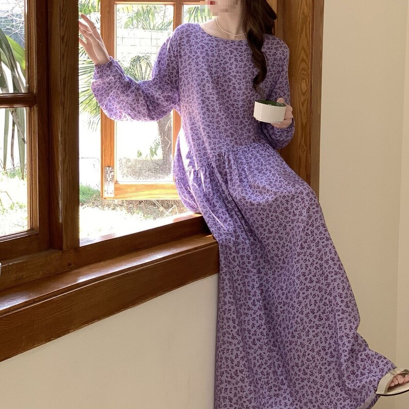 Women's long-sleeved, long-length cotton silk nightgown that can be worn outside, suitable for tall individuals, extended length, can be worn in spring, summer, and autumn Women's long-sleeved, long-length cotton silk nightgown that can be worn outside, suitable for tall individuals, extended length, can be worn in spring, summer, and autumn