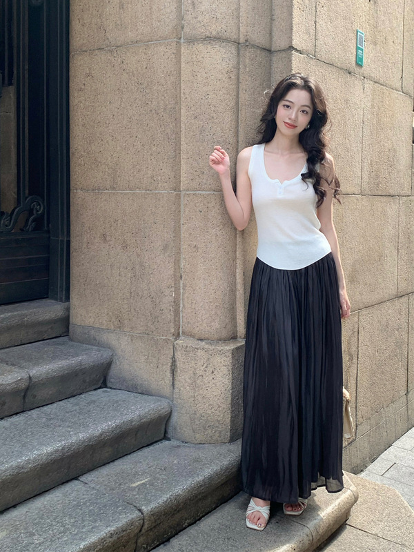 SYT温柔婉约 松弛感飘逸大摆褶皱高腰半身裙女显瘦长款杏色百褶裙|undefined