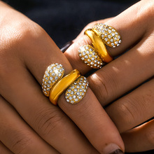 新款欧美时尚水滴形镶锆石多层拼接戒指钛钢镀18K金流行饰品指环