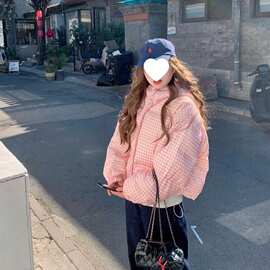 羽绒棉服格子短款外套粉色宽松连帽面包服秋冬减龄