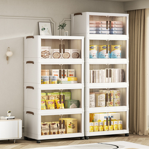 Multi-layer storage cabinet, no assembly required, home bedroom storage cabinet, movable, foldable, double door plastic storage cabinet