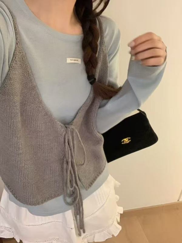 正反两穿绑带针织背心女2025秋季新款休闲吊带韩版甜美风开衫马甲|undefined