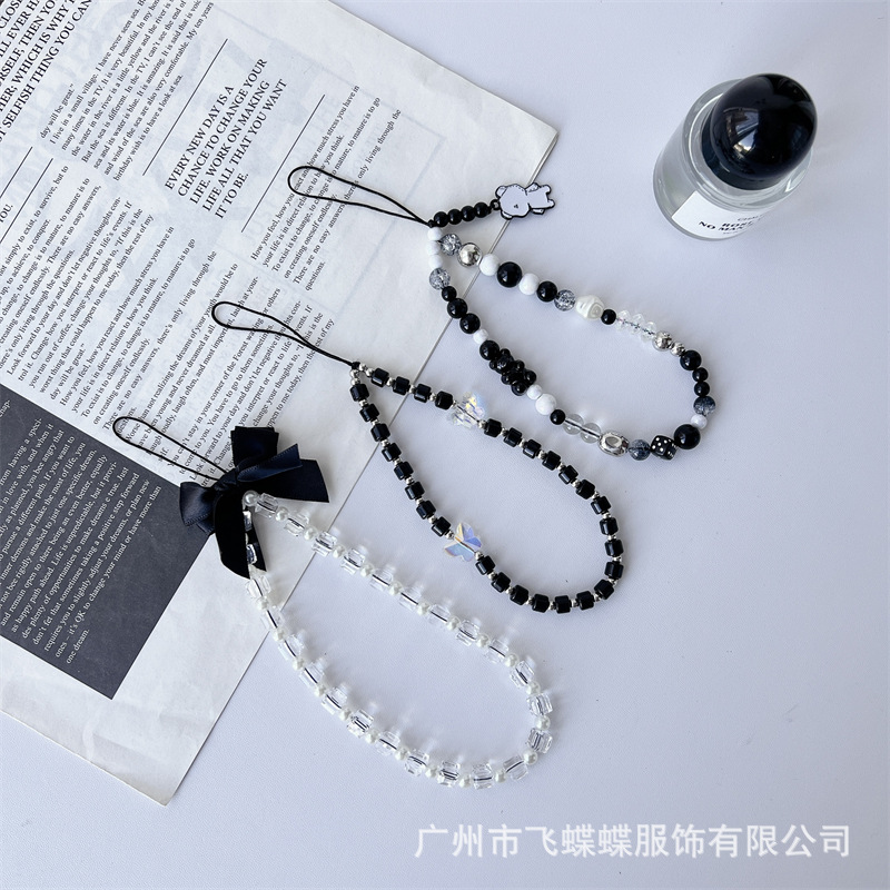Ins Cool Black Beaded Mobile Phone Lanyard Chain Diy Anti-loss Short Wrist Chain Bag Decorative Women's Pendant
