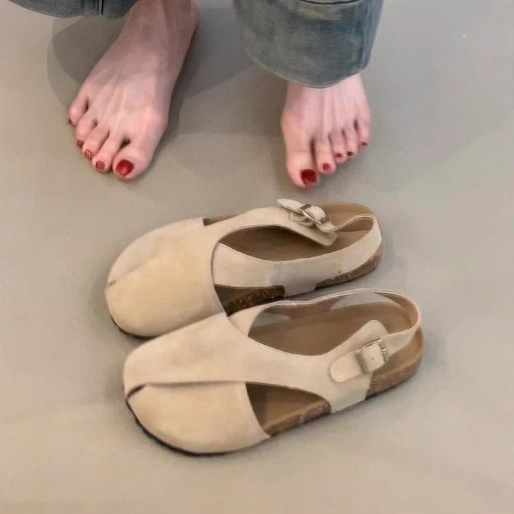 Versión de piel de oveja ~ Nuevas sandalias planas de cuero esmerilado de punta redonda con hebilla de una palabra para mujer