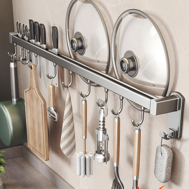 Gun Ash Punch-free Kitchen Hook Rack Hanging Rod Wall-mounted Multifunctional Kitchenware Hanging Rack Spoon Shovel Storage Shelf