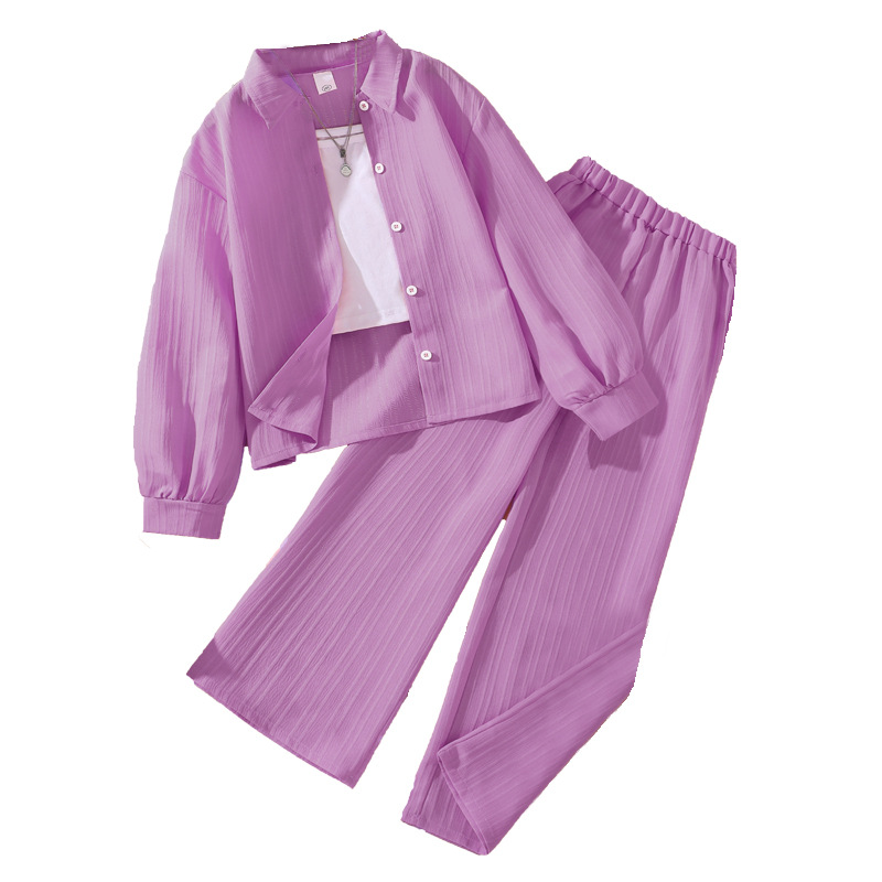 Conjunto infantil de primavera para niñas, estilo europeo y americano, con top de manga larga y botones y pantalones.