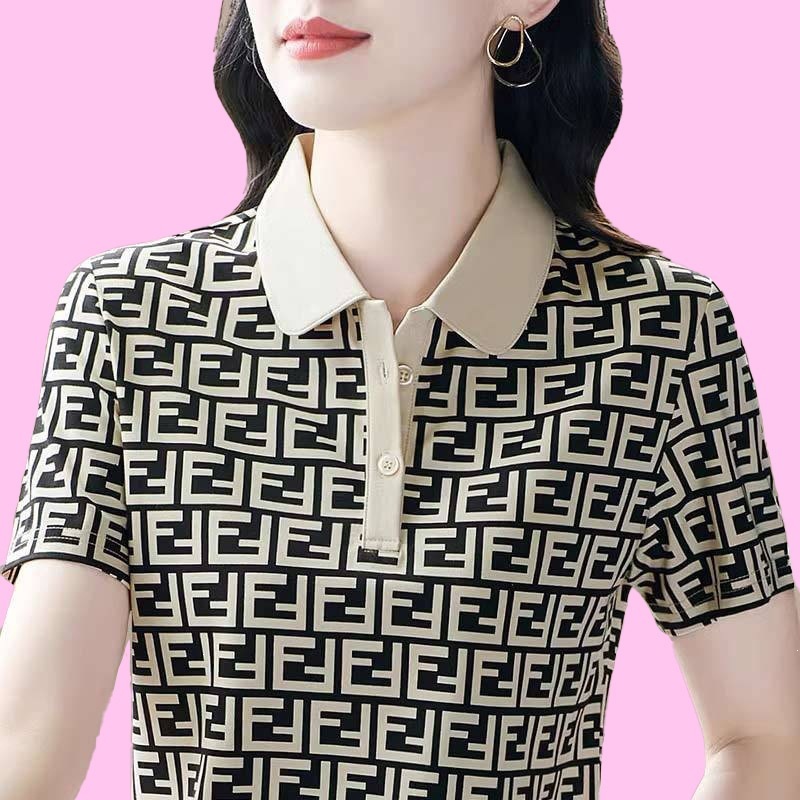 Stylish Lapel Short-Sleeve T-Shirt for Women, Summer New Style, Loose Fit, Slimming Polo Shirt, Printed Top