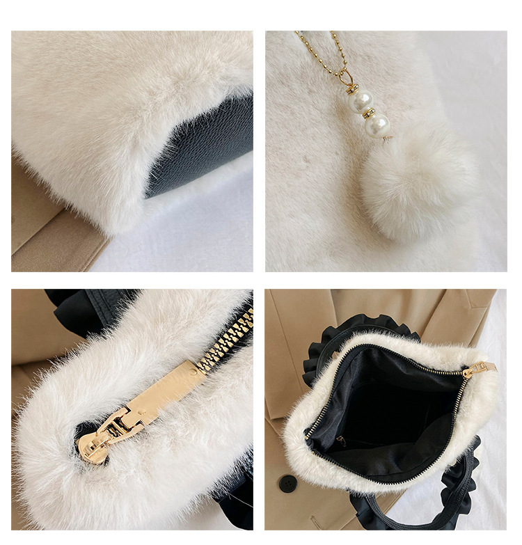 Women's Small Autumn&winter Plush Solid Color Basic Fluff Ball Bucket Zipper Bucket Bag display picture 2