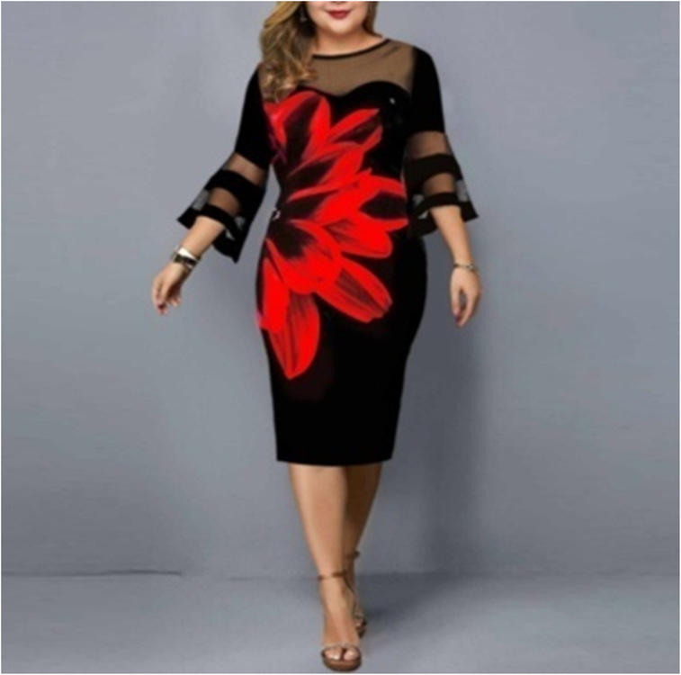 Pencil Skirt Fashion Streetwear Round Neck Printing Patchwork Net Yarn 3/4 Length Sleeve Floral Midi Dress Holiday display picture 1