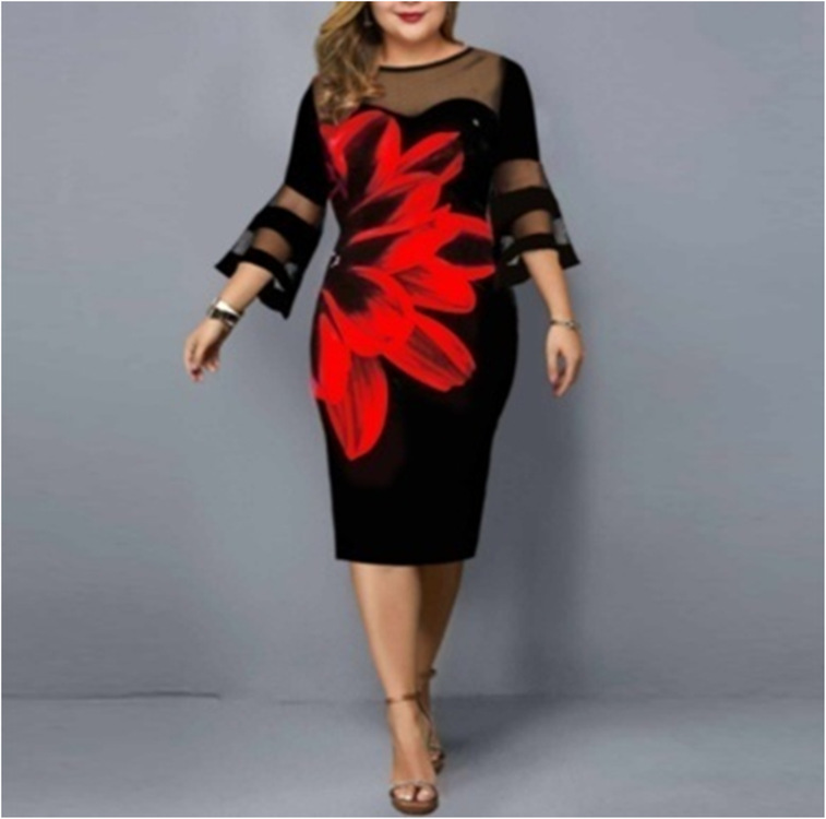 280g Weight Wholesale Fashion Streetwear Printing Patchwork Net Yarn Floral Holiday Round Neck 3/4 Length Sleeve Pencil Skirt
