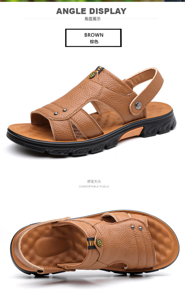 Dép sandal nam da thật hở ngón, quai ngang co giãn, chống trượt thoáng khí, kiểu lê đa năng — Vàng nâu, màu đen chi tiết 19