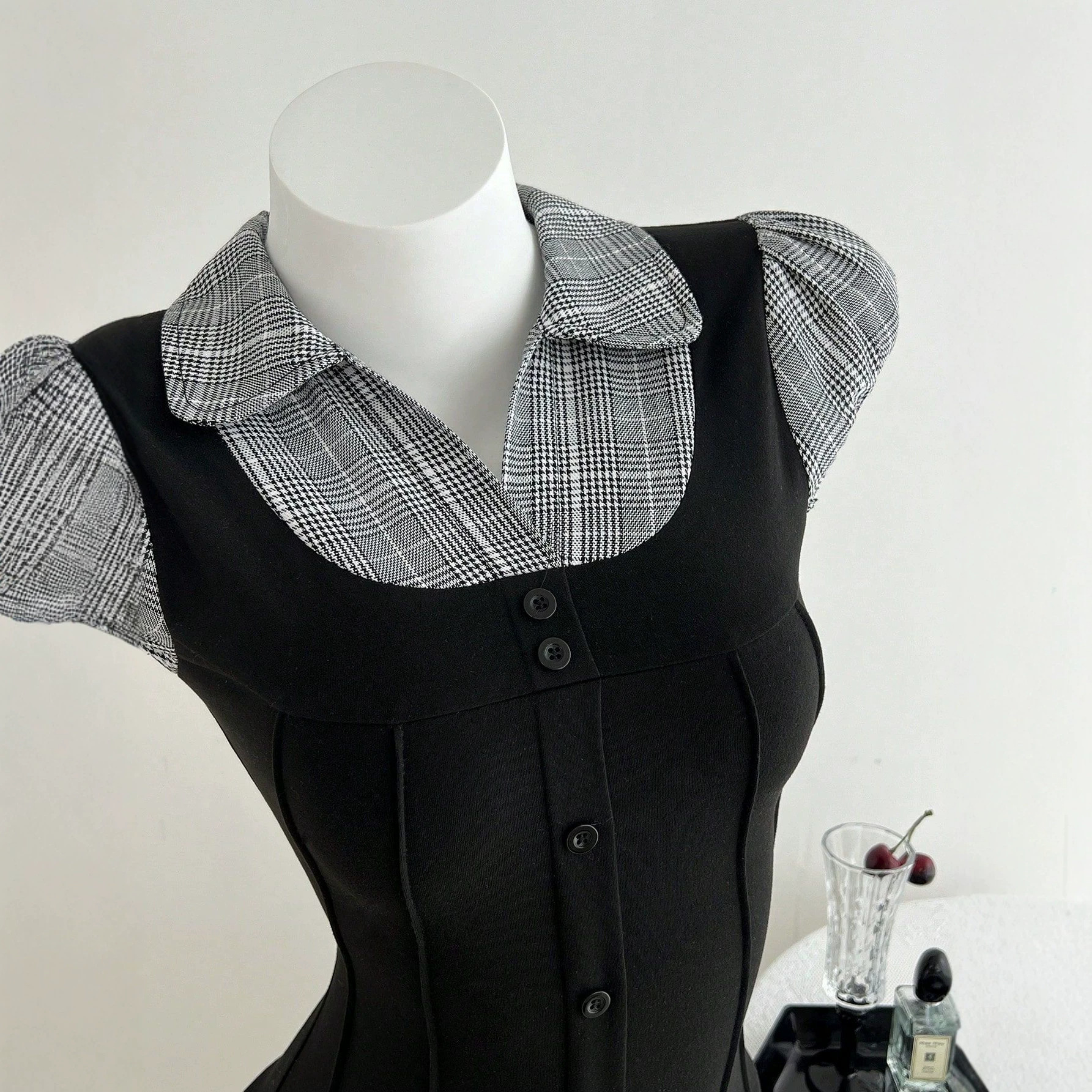 Women's Waist-Defining Plaid Contrast False Two-Layer T-Shirt - Slim Fit Casual Top With Color Block Design_ecoleips.com