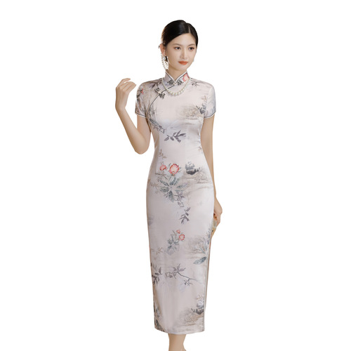  short-sleeved summer long silk young Chinese wind show thin cheongsam skirt big yards mother women&apos;s clothing wholesale