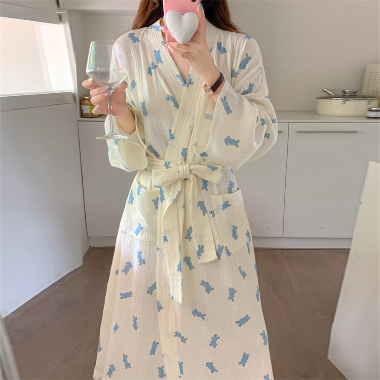 韓國秋季新款純棉紗布睡袍女卡通熊寬鬆休閒長袖睡衣浴袍家居服潮
